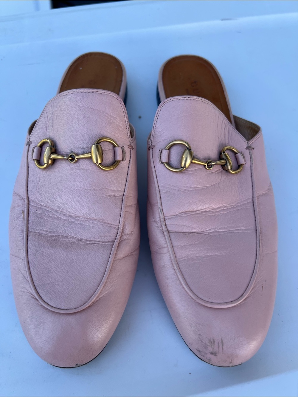 Gucci Pink Leather Horsebit Backless Loafers